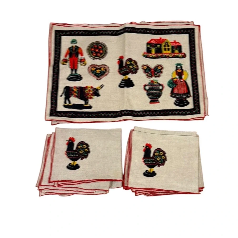 Vtg kitchsy Folk‎ Art Dutch Linen Placemats Napkins Rooster Bull Piece Red Trim